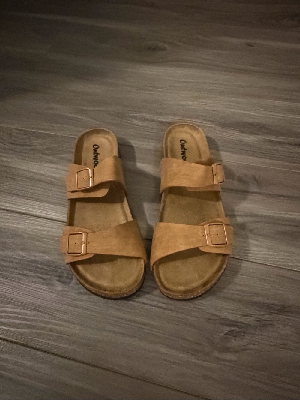 Dual Strap Tan Slide Sandals
